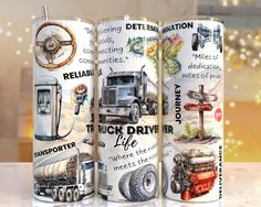 three coffee mugs with different types of trucks on them