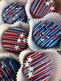 red, white and blue cupcakes with stars on them