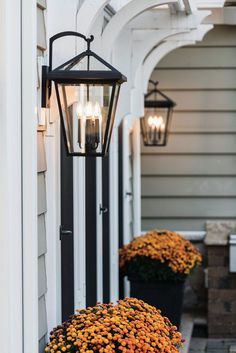 an outdoor lamp hanging from the side of a house with flowers in front of it