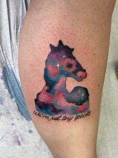 a person with a horse tattoo on their leg