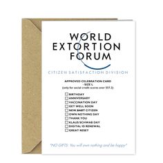 a card with the words world extortion forum written on it