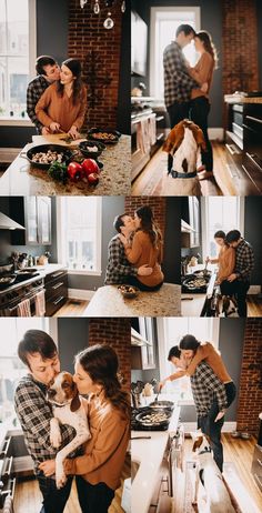 a man and woman are in the kitchen with their dog