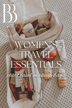 the contents of a women's travel essentials bag sitting on top of a bed