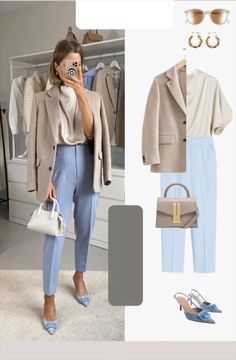 Blue Formal Pants Outfit For Women, Light Blue Bag Outfit Ideas, Cool Formal Outfits For Women, Light Blue Work Outfit, Light Blue Work Pants Outfit, Dusty Blue Pants Outfit, Light Blue Slacks Outfit Women, Light Blue Trouser Outfit Women, Light Blue Outfit Casual