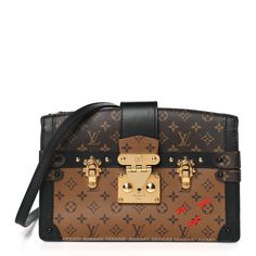 This is an authentic LOUIS VUITTON Reverse Monogram Trunk Clutch. This clutch is crafted of Louis Vuitton Monogram and Reverse Monogram on dark brown coated canvas with black calfskin leather trim. This bag features a removable crossbody shoulder strap, brass hardware, cross-over strap with Louis Vuitton stamped S-lock closure, and faux trunk latches. This bag opens to a partitioned beige leather interior with a patch pocket. Brown Coat, Brass Hardware, Leather Interior, Leather Trim, Authentic Louis Vuitton, Leather Trims, Patch Pocket, Louis Vuitton Monogram, Trunk