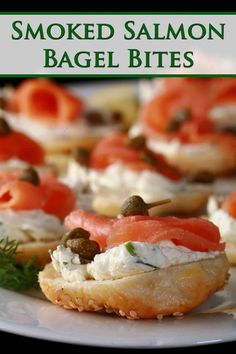 smoked salmon bagel bites on a white plate