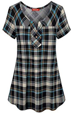 Blevonh Womens Short Sleeve Split V Neck Plaid Shirt Casual Henley ... | FashionMeThat Ladies Blouse, Blouse Price, Top Shirt Women, Ladies Tops, Plaid Blouse, Plaid Flannel Shirt, Dress Sewing Patterns