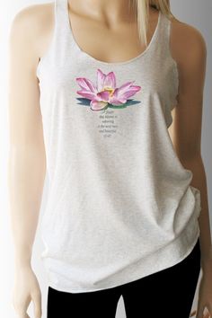 "Yoga Lotus \"A Flower that Blooms in Adversity is the most Rare and Beautiful of them all\" Workout Tank Super Soft Heather White Tri-Blend Tank - Great for working out  Also available in other colors, see drop down or check other listings in my shop https://www.etsy.com/shop/TShirtAddict?ref=hdr_shop_menu -50% polyester/25% ring-spun combed cotton/25% rayon -32 singles for extreme softness -Pre-shrunk for reduced shrinkage Available in Small thru XL SMALL: Length- 27 1/2\" - Chest Width- 32 \" Lotus Sketch, Hand Yoga, Weightlifting Shirts, Yoga Lotus, Exercise Clothing, Yoga Hands, Lotus Yoga, Outfit Yoga, Yoga Shirt