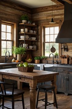 a rustic kitchen with wooden walls and flooring