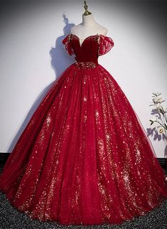 Wine Red Tulle Ball Gown Beaded Sweetheart Party Dress Red Sweet 16 Dresses, Red Ball Dress, Wine Red Prom Dress, Off Shoulder Prom Dress, Red Silhouette, Cute Red Dresses, Red Ball Gown, Long Party Dress, Tulle Balls