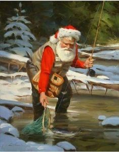 a painting of santa claus fishing in the snow with his hat on and holding a fish