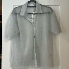 Super Cute Sheer Button Down With Pearl Embellishments. Sparkly Shorts, Silver Shorts, Pearl Color, Silver Blue, Zara Tops, Blue And Silver, Baby Blue, Button Downs, Embellishments