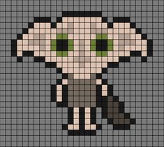 A pixel art template of Dobby from Harry Potter (holding a sock). Perler Harry Potter Pattern, Dobby Cross Stitch Pattern, Pixel Pattern Harry Potter, Dobby Cross Stitch, Harry Potter Bead Pattern, Harry Potter Grid Pattern, Harry Potter Pixel Art Grid, Dnd Pixel Art, Hama Beads Harry Potter