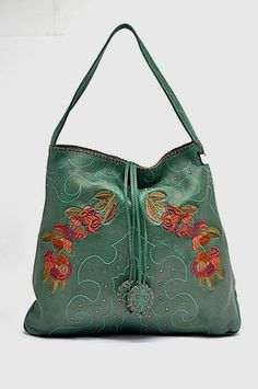 CARLOS FALCHI "Hand Made" Green Leather Embroidered Hobo Handbag NWT Embroidered Leather Shopping Bag, Embroidered Rectangular Bucket Bag For Travel, Embroidered Leather Bags For Daily Use, Vintage Embroidered Leather Bags, Luxury Embroidered Green Bag, Luxury Green Embroidered Bag, Hobo Handbag, Leather Hobo Bag, Hobo Handbags