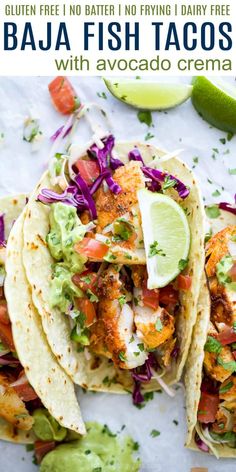 three fish tacos with avocado and cilantro