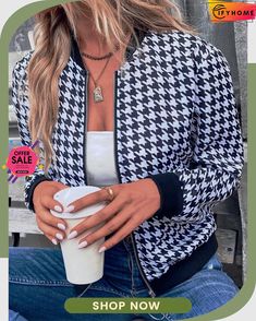 Houndstooth Loose Casual Jacket Vibrant Outfits, Types Of Coats, Long Sleeve Outerwear, Casual Vest, Line Jackets, White Casual, Plus Size Casual, Casual Jacket, Outerwear Women