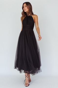 Andria Halterneck Tulle Midi Dress Black by Selfie Leslie A-line Tulle Skirt Dress For Prom Season, Chic Midi Bridesmaid Dress, Chic Midi-length Bridesmaid Dress, Chic Formal Bridesmaid Dress Midi Length, Bridesmaid Evening Dress In Midi Length, Midi Length Bridesmaid Dress For Party, Chic Midi Length Bridesmaid Dress For Party, Chic Midi-length Bridesmaid Party Dress, Spring Midi-length Bridesmaid Dress