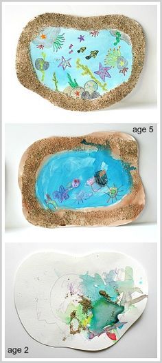 three pictures showing how to make a sand tray with water and sea animals on it