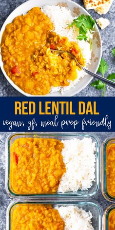 red lentil dal with white rice and carrots on the side in glass containers