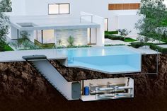 an image of a house with a swimming pool in the ground and some trees around it