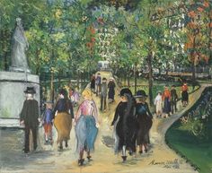 a painting of people walking in the park