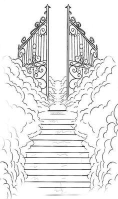 an open gate with stairs leading up to the sky and clouds behind it, as well as