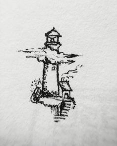 an ink drawing of a lighthouse in the snow