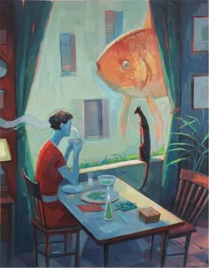 a painting of two people sitting at a table with a fish on the wall behind them