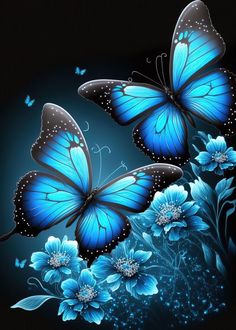 three blue butterflies flying over flowers on a black background