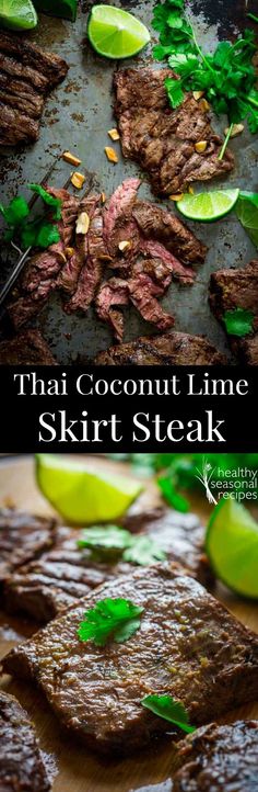 steaks and lime slices on a grill with text that reads thai coconut lime skirt steak