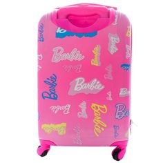 a pink rolling suitcase with colorful stickers on it's sides and wheels,