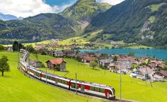 a train traveling through a lush green countryside next to a mountain range with houses on it