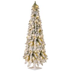 a white christmas tree with lights and snow on the top, in front of a white background