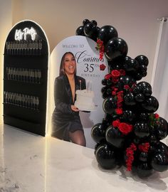 T H I R T Y • F I V E 🌹 SWIPE ➡️ Loved the all black look with red roses 😍 Thankful for the continued support from my loyal clients. ❤️ … | Instagram Black And Red 30th Birthday Theme, Red Rose And Black Themed Birthday Party, 45 Bday Party Ideas, Black And Red 21st Birthday Party Ideas, 23rd Birthday Party Ideas For Women, Black Backdrop With Balloons, Roses Birthday Theme, Pink And Black Party Decor