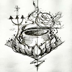 a drawing of a pot with flowers on it and arrows coming out of the pot