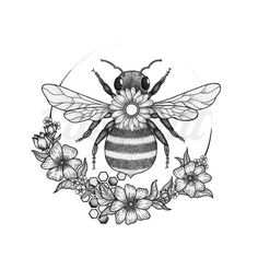 a black and white drawing of a bee surrounded by flowers