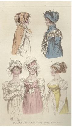 Lady's Monthly Museum, Various Dresses, March 1807. 6-3/4" x 4". Page yellowed due to age. Obvious difference in paper color where frame used to be. An original early fashion plate with hand colour. The Lady's Monthly Museum; Or, Polite Repository of Amusement and Instruction was an English monthly women's magazine published between 1798 and 1832. 1810 Fashion, Empire Clothing, Regency Clothing, 1820s Fashion, 19th Century Women, Regency Era Fashion, 1800s Fashion, Regency Dress, Regency Fashion