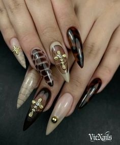 Fall Nails Tortoise, Brown Long Nails, Aesthetic French Nails, Rings Coquette, Long Nails Almond, Tortoise Shell Nails, Ig Nails, Brown Fall Nails, Animal Print Nail Art