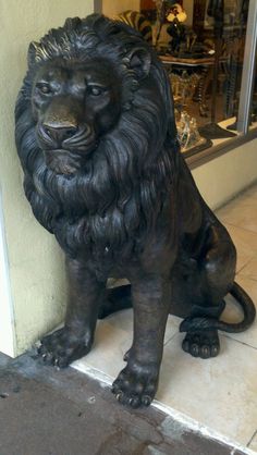 a statue of a lion sitting next to a store front window on the side of a building