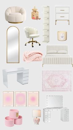 an assortment of furniture and decor items in pastel pink, white and gold colors