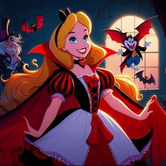 a cartoon character dressed as alice from the animated movie sleeping beauty, with bats flying around her