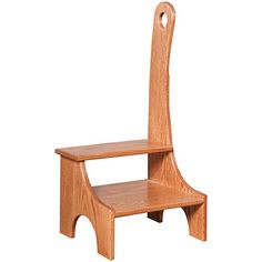 a wooden step stool with a curved back and foot rest on the bottom shelf, against a white background