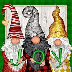 three gnomes standing next to each other in front of a wooden sign that says joy