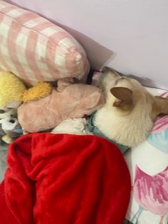 a cat laying on top of a pile of stuffed animals next to pillows and blankets