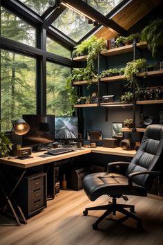 a home office with large windows and lots of plants