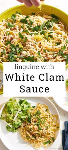 linguinne with white clam sauce in a yellow bowl on a white table