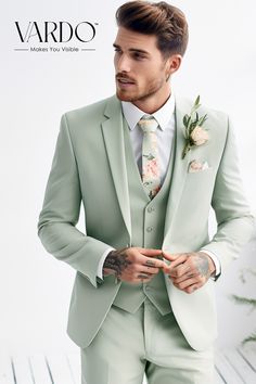 Mens Suit 3 Piece, Light Green And Cream Wedding, Sage Mens Wedding Attire, Light Green Groom Suit, Best Wedding Suits For Men Groomsmen, Spring Wedding Tuxedo, Sage Green Suits For Men Wedding, Sage Tuxedo Wedding, Green Tuxedo Style Three-piece Suit For Wedding