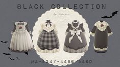 three dresses are shown with bats on the wall behind them, and one is in black and white