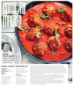 a magazine page with meatballs in tomato sauce