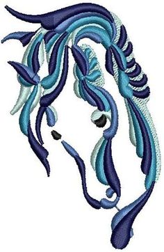 an embroidery design of a horse's head with blue and white swirls on it